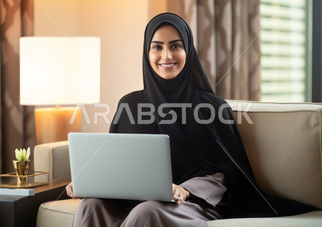 مهن ووظائف مكتبية نسائية, النظر الى الكاميرا بإيماءات السرور والسعادة لإنجاز المهام, إدارة وتنظيم الأعمال, امرأة عربية خليجية سعودية مبتسمة محجبة تستخدم جهاز الحاسوب المحمول, بيئة العمل المريحة في الشركات السعودية