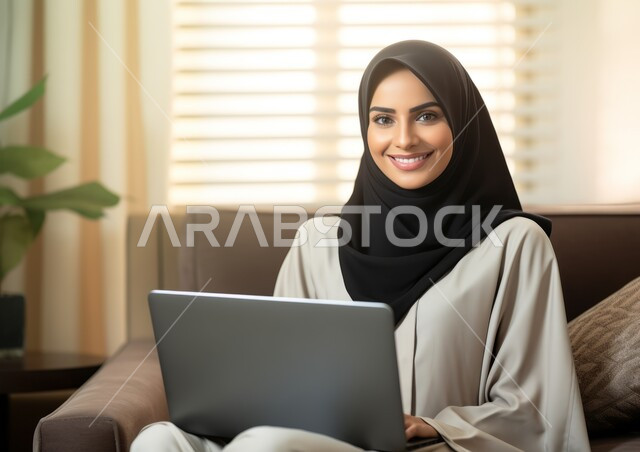 مهن ووظائف مكتبية نسائية, النظر الى الكاميرا بإيماءات السرور والسعادة لإنجاز المهام, إدارة وتنظيم الأعمال, امرأة عربية خليجية سعودية مبتسمة محجبة تستخدم جهاز الحاسوب المحمول, بيئة العمل المريحة في الشركات السعودية