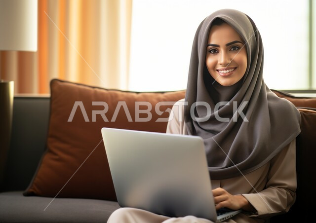 مهن ووظائف مكتبية نسائية, النظر الى الكاميرا بإيماءات السرور والسعادة لإنجاز المهام, إدارة وتنظيم الأعمال, امرأة عربية خليجية سعودية مبتسمة محجبة تستخدم جهاز الحاسوب المحمول, بيئة العمل المريحة في الشركات السعودية