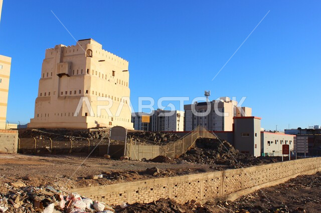 حصن دفاعي تاريخي اثري، الفن الهندسي المعماري على الطراز القديم للقلاع الأثرية، معالم ورموز إسلامية مقدسة في المملكة العربية السعودية،  قلعة قباء في المدينة المنورة في النهار 