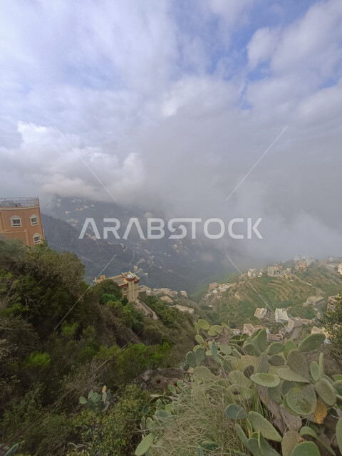  القمم والمرتفعات الجبلية في محافظة فيفاء، مناطق وأماكن سياحية طبيعية في المملكة العربية السعودية، البيوت والمباني السكنية الاثرية القديمة في جبال جازان، الأجواء الضبابية فوق المدرجات الزراعية الخضراء والاشجار، خلفية الطبيعة