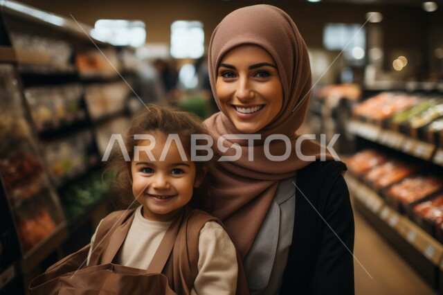 الاستفادة من التخفيضات والعروض, مفهوم الأمومة وقضاء وقت ممتع مع الأبناء في المركز التجاري, صورة مقربة لإمرأة عربية خليجية سعودية محجبة مبتسمة تقوم بالتجول في المول برفقة ابنتها, النظر إلى الكاميرا بإيماءات السعادة والسرور