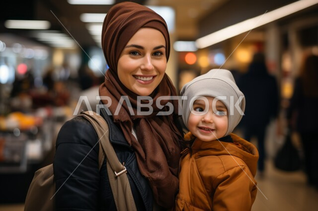 الاستفادة من التخفيضات والعروض, مفهوم الأمومة وقضاء وقت ممتع مع الأبناء في المركز التجاري, صورة مقربة لإمرأة عربية خليجية سعودية محجبة مبتسمة تقوم بالتجول في المول برفقة ابنتها, النظر إلى الكاميرا بإيماءات السعادة والسرور