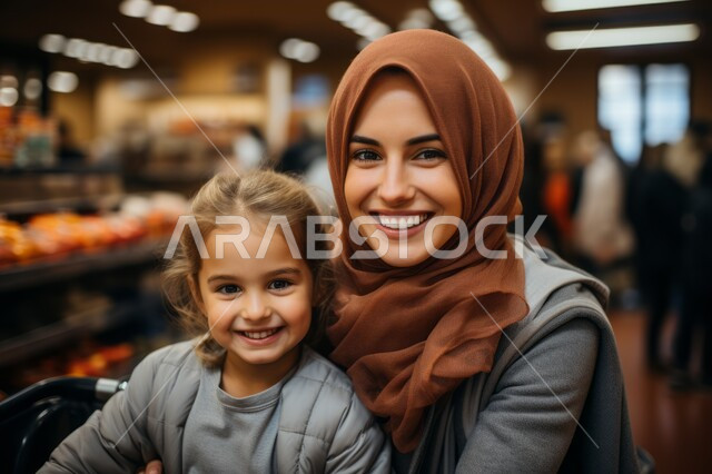 الاستمتاع في شراء الاحتياجات المنزلية, مفهوم الأمومة و قضاء وقت ممتع مع الأبناء في المركز التجاري, النظر إلى الكاميرا بإيماءات السرور, صورة مقربة لسيدة عربية خليجية سعودية محجبة مبتسمة تقوم بالتجول في المول برفقة ابنتها, طفلة تجلس في عربة التسوق