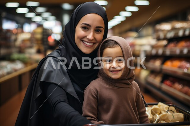 مفهوم الأمومة و قضاء وقت ممتع مع الأبناء في المركز التجاري, النظر إلى الكاميرا بإيماءات السرور والاستمتاع في شراء المستلزمات, صورة مقربة لإمرأة عربية خليجية سعودية محجبة مبتسمة تقوم بالتجول في المول برفقة ابنتها, طفلة تجلس في عربة التسوق