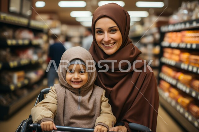 طفلة تجلس في عربة التسوق, النظر إلى الكاميرا بإيماءات السرور والاستمتاع في شراء المستلزمات, صورة مقربة لإمرأة عربية خليجية سعودية محجبة مبتسمة تقوم بالتجول في المول برفقة ابنتها, قضاء وقت ممتع مع الأبناء في المركز التجاري