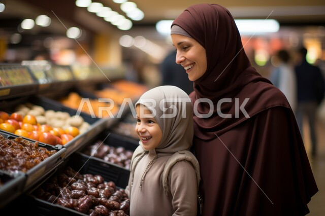 النظر إلى المنتجات بإيماءات السعادة والسرور, الاستمتاع في التسوق وشراء المستلزمات, صورة مقربة لإمرأة عربية خليجية سعودية محجبة مبتسمة تقوم بالتجول في المول برفقة ابنتها, قضاء وقت ممتع مع الأبناء في المركز التجاري