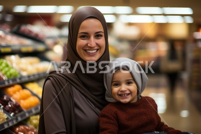 النظر إلى الكاميرا بإيماءات السعادة والسرور, قضاء وقت ممتع مع الأبناء في المركز التجاري, صورة مقربة لإمرأة عربية خليجية سعودية محجبة مبتسمة تقوم بالتجول في المول برفقة ابنتها, الاستمتاع في التسوق وشراء المستلزمات
