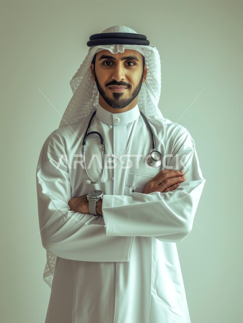 العمل في القطاع الصحي في السعودية، الفحص الطبي وتقديم الخدمات الصحية للمرضى, بورتريه مقرب لطبيب عربي خليجي سعودي مبتسم يرتدي الغترة والثوب التقليدي يضع السماعة الطبية يقف باستقامة وأيدي متقاطعة، النظر الى الكاميرا بتعابير السرور والثقة بالنفس, خلفية بيضاء