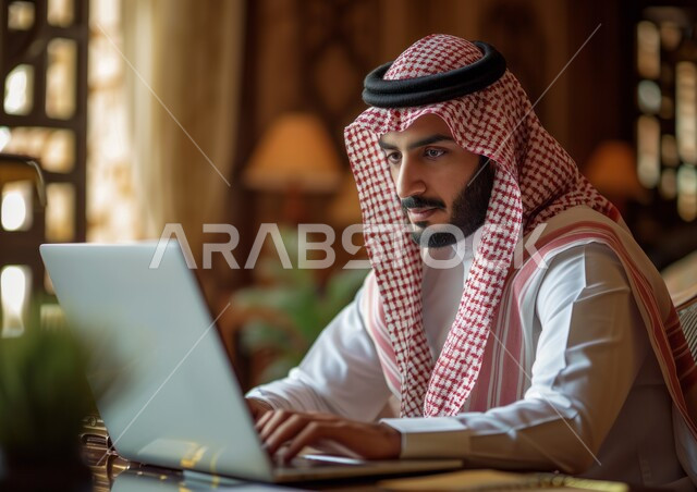 Gestures of focus, contemplation, and precision at work, office professions and jobs, a close-up photo of a Saudi Gulf Arab man wearing a shemagh and traditional thobe, using a laptop, conducting conversations over the Internet, managing and organizing business within the company’s headquarters