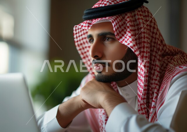 مفهوم التركيز والتمعن, مهن ووظائف مكتبية, صورة مقربة لرجل عربي خليجي سعودي يرتدي الشماغ والثوب التقليدي يضع يديه تحت رأسه يقوم باستخدام الحاسب المحمول, إيماءات التأمل والتفكير في حل المشكلات, إدارة وتنظيم الأعمال ضمن مقر الشركة
