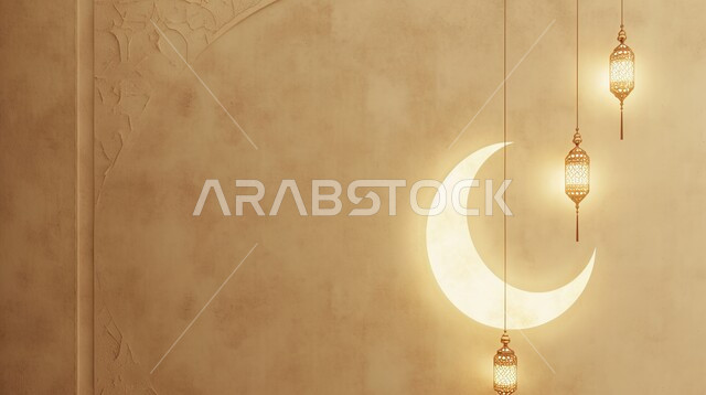 التهنئة بقدوم شهر رمضان المبارك, قالب تصميم رمضاني مع الفوانيس الذهبية المضيئة وهلال القمر, مناسبات وأعياد دينية إسلامية, مفهوم الأجواء الروحانية, خلفية بنية