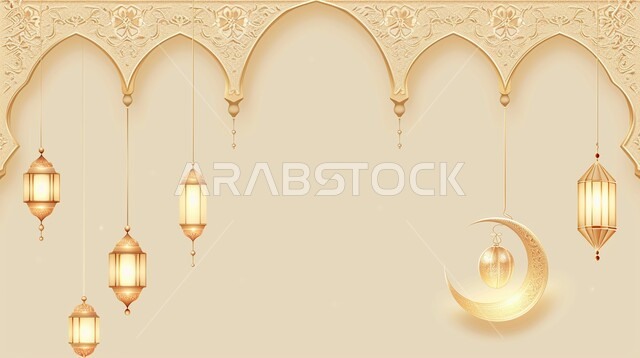 مناسبات وأعياد دينية إسلامية, التهنئة بقدوم شهر رمضان المبارك, قالب تصميم رمضاني مع الفوانيس الذهبية المضيئة وهلال القمر, زخارف وديكورات عربية, مفهوم الأجواء الروحانية