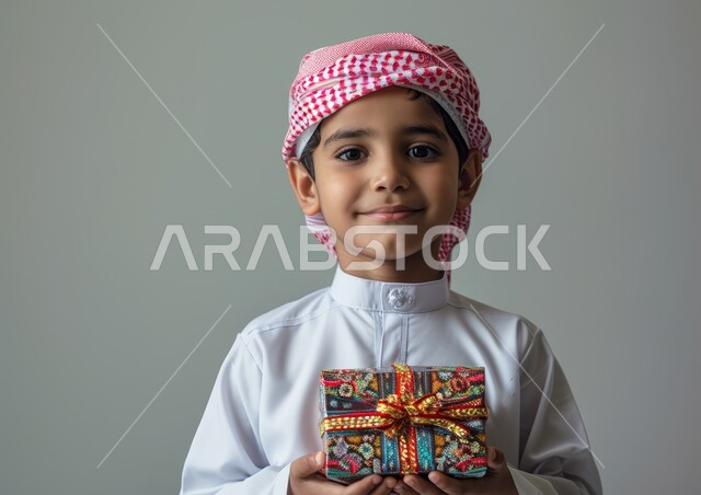 الشعور بالسعادة والفرح, بورتريه مقرب لفتى عربي خليجي سعودي مبتسم يرتدي الشماغ والثوب التقليدي ينظر إلى الكاميرا يحمل بيديه علبة هدية مغلفة، مناسبات وأعياد سعيدة، تقديم الهدايا والتهنئات, خلفية رمادية