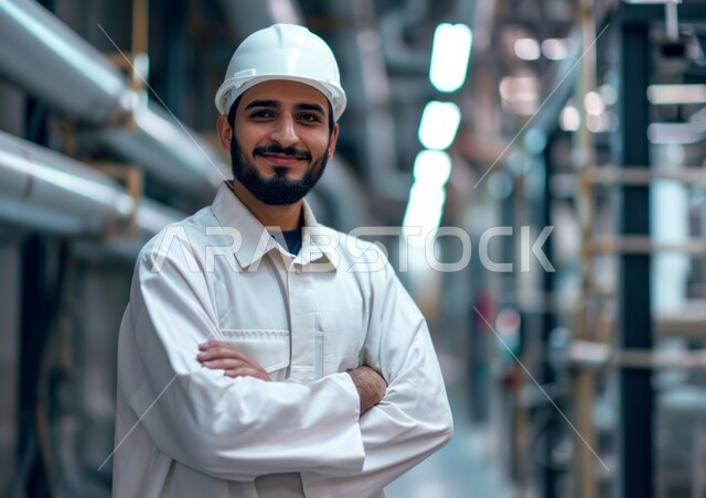 إنتاجية الغاز في المملكة، مهن وأعمال هندسية شبابية، الوقوف بثقة والنظر إلى الكاميرا، معامل ومصانع سعودية، العمل في القطاع الهندسي الصناعي، صورة مقربة لمهندس مشرف عربي خليجي سعودي مبتسم يرتدي خوذة الحماية يقف بأيدي متقاطعة في مصنع تكرير النفط