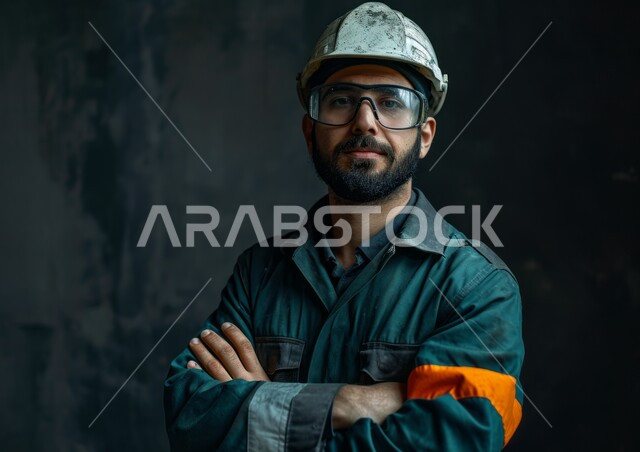 Standing confidently and looking at the camera, achieving the industrial revolution, Saudi laboratories and factories, working in the industrial engineering sector, a close-up photo of a Saudi Gulf Arab engineer wearing a helmet and safety glasses standing with crossed hands in his workplace, youth engineering professions and works