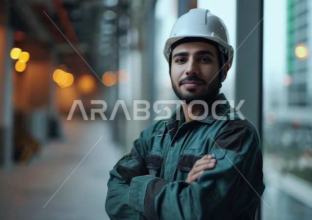 مهن وأعمال هندسية شبابية، الوقوف بثقة والنظر إلى الكاميرا، تحقيق الثورة الصناعية، معامل ومصانع سعودية، العمل في القطاع الهندسي الصناعي، صورة مقربة لمهندس عربي خليجي سعودي يرتدي السترة وخوذة الحماية يقف بأيدي متقاطعة في مقر عمله
