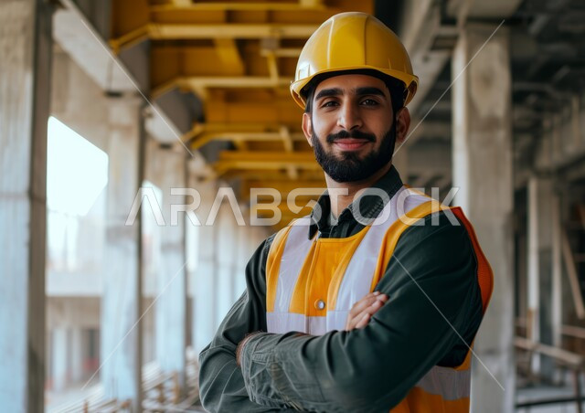 Achieving the industrial revolution, Saudi laboratories and factories, working in the industrial engineering sector, a close-up photo of a Saudi Gulf Arab engineer wearing a jacket and a protective helmet standing with crossed hands at his workplace, youth engineering professions and works, standing confidently and looking at the camera