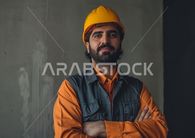 تحقيق الثورة الصناعية، معامل ومصانع سعودية، العمل في القطاع الهندسي الصناعي، صورة مقربة لمهندس عربي خليجي سعودي يرتدي السترة وخوذة الحماية يقف بأيدي متقاطعة في مقر عمله، مهن وأعمال هندسية شبابية، الوقوف بثقة والنظر إلى الكاميرا