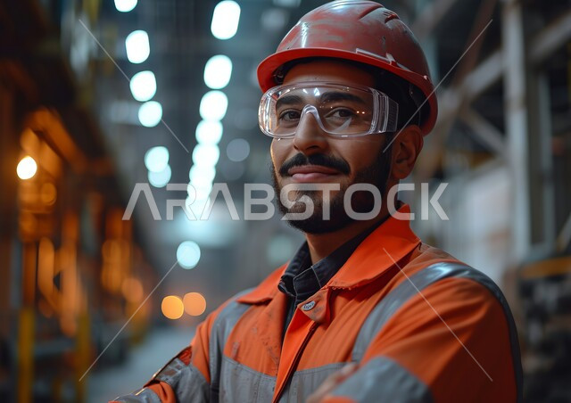 الوقوف بثقة والنظر إلى الكاميرا، تحقيق الثورة الصناعية، معامل ومصانع سعودية، العمل في القطاع الهندسي الصناعي، صورة مقربة لمهندس عربي خليجي سعودي يرتدي الخوذة ونظارات الحماية يقف بأيدي متقاطعة في مقر عمله، مهن وأعمال هندسية شبابية