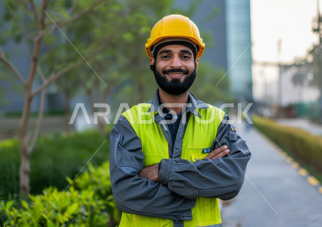 Saudi laboratories and factories, work in the industrial engineering sector, a close-up photo of a Saudi Gulf Arab engineer wearing a jacket and a protective helmet standing with crossed hands at his workplace, youth engineering professions and works, standing confidently and looking at the camera