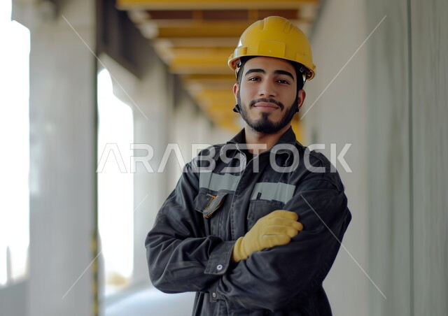 معامل ومصانع سعودية، العمل في القطاع الهندسي الصناعي، صورة مقربة لمهندس عربي خليجي سعودي يرتدي السترة وخوذة الحماية يقف بأيدي متقاطعة في مقر عمله، مهن وأعمال هندسية شبابية، الوقوف بثقة والنظر إلى الكاميرا
