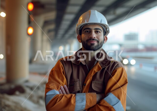 العمل في القطاع الهندسي الصناعي، صورة مقربة لمهندس عربي خليجي سعودي يرتدي السترة وخوذة الحماية يقف بأيدي متقاطعة في مقر عمله، معامل ومصانع سعودية، مهن وأعمال هندسية شبابية، الوقوف بثقة والنظر إلى الكاميرا