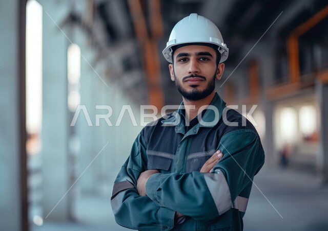 Achieving the industrial revolution, Saudi laboratories and factories, working in the industrial engineering sector, a close-up photo of a Saudi Gulf Arab engineer wearing a jacket and a protective helmet standing with crossed hands at his workplace, youth engineering professions and works, standing confidently and looking at the camera