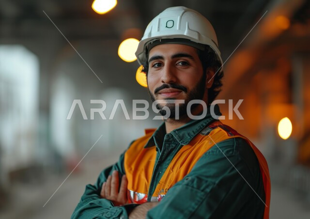 العمل في القطاع الهندسي الصناعي، صورة مقربة لمهندس عربي خليجي سعودي يرتدي السترة وخوذة الحماية يقف بأيدي متقاطعة في مقر عمله، معامل ومصانع سعودية، مهن وأعمال هندسية شبابية، الوقوف بثقة والنظر إلى الكاميرا