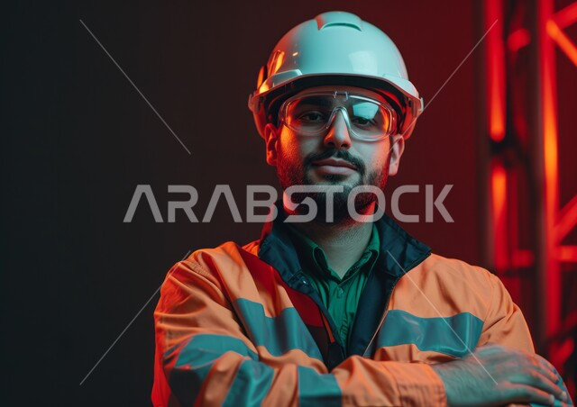 الوقوف بثقة والنظر إلى الكاميرا، تحقيق الثورة الصناعية، معامل ومصانع سعودية، العمل في القطاع الهندسي الصناعي، صورة مقربة لمهندس عربي خليجي سعودي يرتدي الخوذة ونظارات الحماية يقف بأيدي متقاطعة في مقر عمله، مهن وأعمال هندسية شبابية
