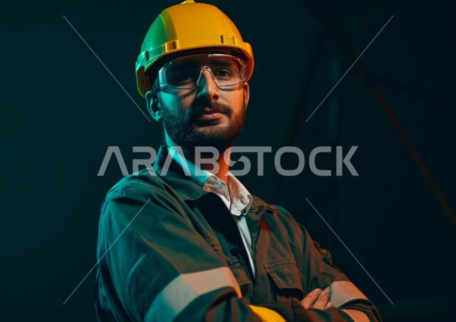الوقوف بثقة والنظر إلى الكاميرا، تحقيق الثورة الصناعية، معامل ومصانع سعودية، العمل في القطاع الهندسي الصناعي، صورة مقربة لمهندس عربي خليجي سعودي يرتدي الخوذة ونظارات الحماية يقف بأيدي متقاطعة في مقر عمله، مهن وأعمال هندسية شبابية