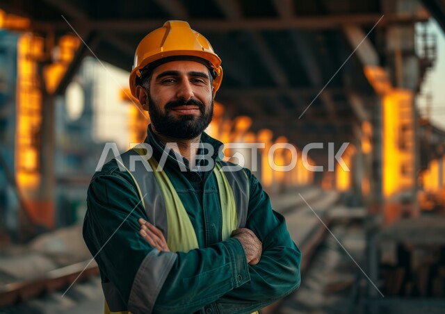 معامل ومصانع سعودية، العمل في القطاع الهندسي الصناعي، صورة مقربة لمهندس عربي خليجي سعودي يرتدي السترة وخوذة الحماية يقف بأيدي متقاطعة في مقر عمله، مهن وأعمال هندسية شبابية، الوقوف بثقة والنظر إلى الكاميرا