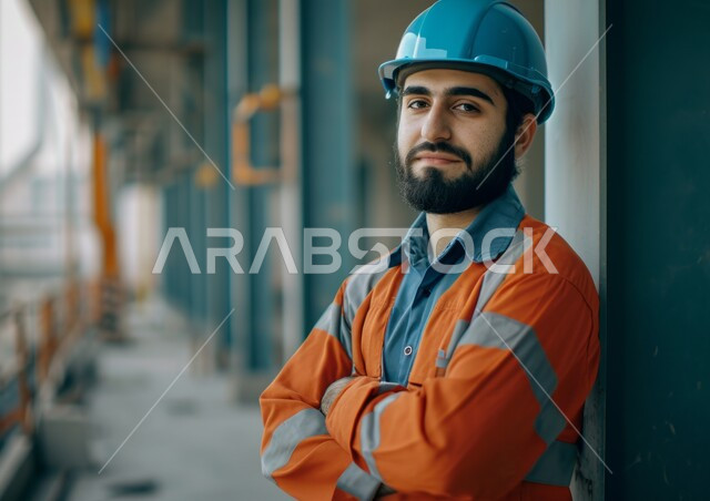العمل في القطاع الهندسي الصناعي، صورة مقربة لمهندس عربي خليجي سعودي يرتدي السترة وخوذة الحماية يقف بأيدي متقاطعة في مقر عمله، معامل ومصانع سعودية، مهن وأعمال هندسية شبابية، الوقوف بثقة والنظر إلى الكاميرا