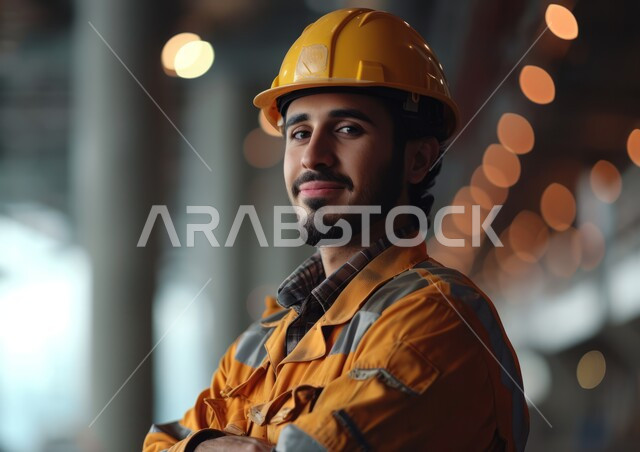 العمل في القطاع الهندسي الصناعي، صورة مقربة لمهندس عربي خليجي سعودي يرتدي السترة وخوذة الحماية يقف بأيدي متقاطعة في مقر عمله، معامل ومصانع سعودية، مهن وأعمال هندسية شبابية، الوقوف بثقة والنظر إلى الكاميرا
