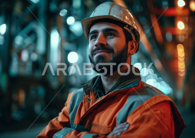 مهن وأعمال هندسية شبابية، الوقوف بثقة والنظر إلى الأعلى، معامل ومصانع سعودية، العمل في القطاع الهندسي الصناعي، صورة مقربة لمهندس عربي خليجي سعودي مبتسم يرتدي خوذة الحماية يقف بأيدي متقاطعة في المصنع