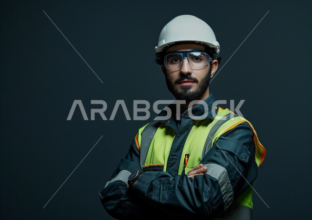 متابعة العمل في القطاع الهندسي الصناعي، مهن وأعمال هندسية شبابية، الوقوف بثقة والنظر إلى الكاميرا، معامل ومصانع سعودية، بورتريه مقرب لمهندس عربي خليجي سعودي يرتدي الخوذة ونظارات الحماية يقف بأيدي متقاطعة، خلفية سوداء