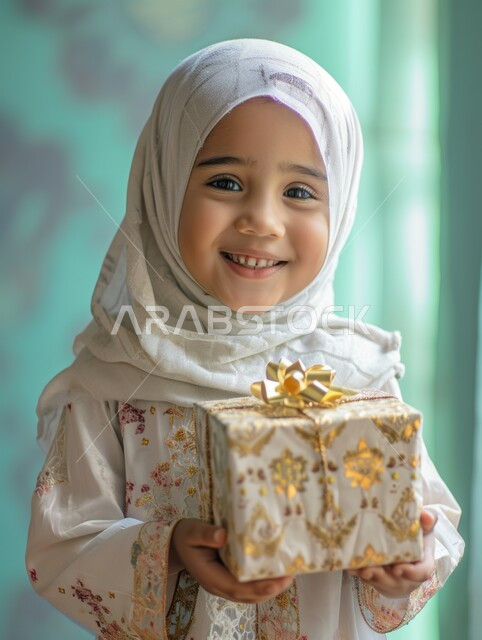 النظر إلى الكاميرا بإيماءات السعادة والفرح، مفهوم الطفولة والبراءة، صورة مقربة لفتاة عربية خليجية سعودية مبتسمة محجبة تحمل بيدها علبة هدية، تقديم الهدايا في الأعياد والمناسبات السعيدة