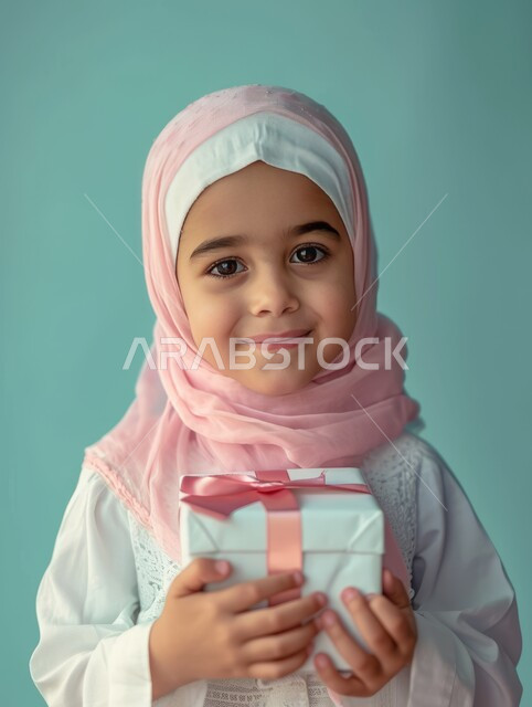 مفهوم الطفولة والبراءة، النظر إلى الكاميرا بإيماءات السعادة والفرح، بورتريه مقرب لفتاة عربية خليجية سعودية مبتسمة محجبة تحمل بيدها علبة هدية، تقديم الهدايا في الأعياد والمناسبات السعيدة، خلفية زرقاء