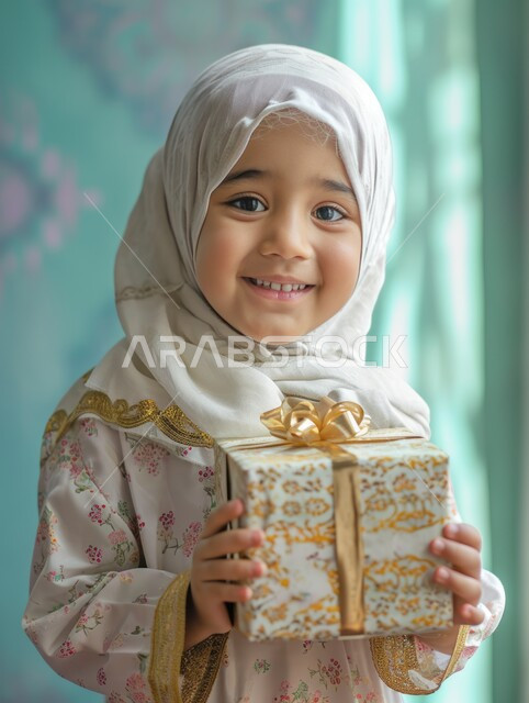 Looking at the camera with gestures of happiness and joy, the concept of childhood and innocence, a close-up photo of a smiling, veiled Saudi Gulf Arab girl holding a gift box in her hand, giving gifts on holidays and happy occasions