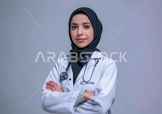 العمل في القطاع السعودي الصحي, بورتريه مقرب لطبيبة عربية خليجية سعودية محجبة مبتسمة ترتدي المعطف الطبي الأبيض وسماعة الفحص تقف بإيدي متقاطعة, الوقوف والنظر إلى الكاميرا بثقة, تقديم الخدمات العلاجية والفحوصات الطبية للمرضى, مهن ووظائف سعودية, خلفية ملونة