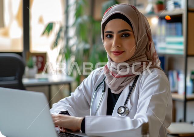 استخدام الأجهزة والتقنيات الحديثة في المراكز الصحية والمستشفيات السعودية, طبيبة عربية خليجية سعودية مبتسمة ترتدي المعطف الطبي الأبيض وسماعة الفحص تنظر إلى الكاميرا وتستخدم الحاسب المحمول, تقديم الاستشارت الطبية والخدمات العلاجية للمرضى عبر الأونلاين