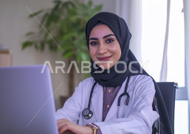 Using modern devices and technologies in Saudi health centers and hospitals. A smiling Saudi Arabian Gulf doctor wearing a white medical coat and an examination stethoscope looks at the camera and uses a laptop. Providing medical consultations and therapeutic services to patients via the Internet.