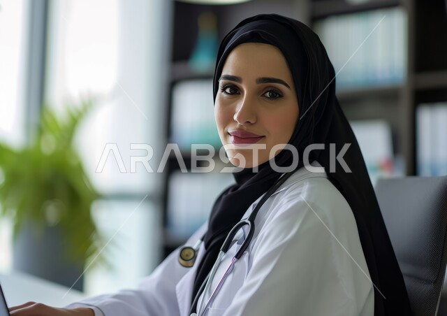 استخدام التقنية الحديثة في مجال العمل الطبي, طبيبة عربية خليجية سعودية ترتدي المعطف الطبي الأبيض وسماعة الفحص تنظر إلى الكاميرا بسرور, تقديم الخدمات العلاجية في المراكز الطبية والمستشفيات السعودية