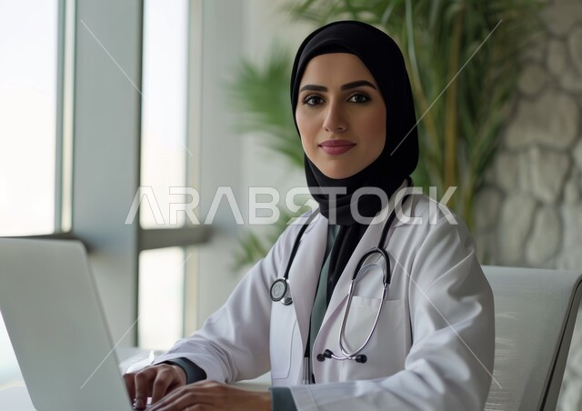 استخدام التقنية الحديثة في مجال العمل الطبي, تسجيل وتدوين معلومات وملفات المرضى عبر الحاسب المحمول, طبيبة عربية خليجية سعودية ترتدي المعطف الطبي الأبيض وسماعة الفحص تنظر إلى الكاميرا بثقة, تقديم الخدمات العلاجية في المراكز الطبية والمستشفيات السعودية