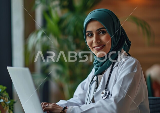 تسجيل وتدوين معلومات وملفات المرضى عبر الحاسب المحمول, دمج التقنية الحديثة في مجال العمل الطبي, طبيبة عربية خليجية سعودية ترتدي المعطف الطبي الأبيض وسماعة الفحص تنظر إلى الكاميرا بإيماءات السرور, تقديم الخدمات العلاجية في المراكز الطبية والمستشفيات السعودية