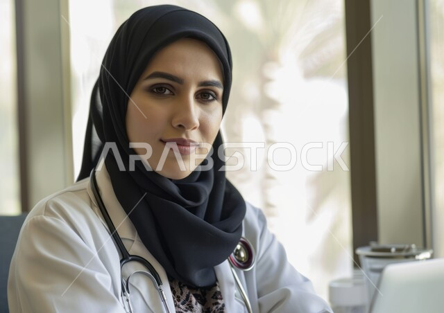 استخدام التقنيات الحديثة في المراكز الطبية والمستشفيات السعودية, تقديم الاستشارت الطبية والخدمات العلاجية للمرضى عبر الأونلاين, طبيبة عربية خليجية سعودية مبتسمة ترتدي المعطف الطبي الأبيض وسماعة الفحص تنظر إلى الكاميرا وتستخدم الحاسب المحمول