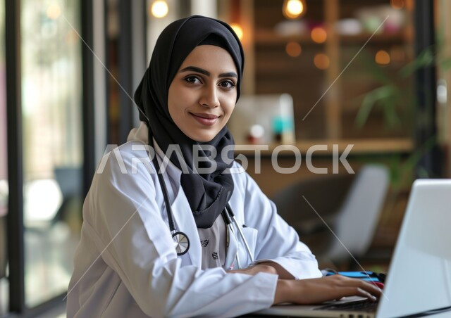 دمج التقنية الحديثة في مجال العمل الطبي, تسجيل وتدوين معلومات وملفات المرضى عبر الحاسب المحمول, طبيبة عربية خليجية سعودية ترتدي المعطف الطبي الأبيض وسماعة الفحص تنظر إلى الكاميرا بإيماءات السرور, تقديم الخدمات العلاجية في المراكز الطبية والمستشفيات السعودية