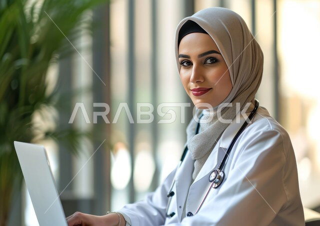Providing therapeutic services in medical centers and hospitals in Saudi Arabia, looking at the camera with a smile, using modern technical devices in the medical field, a close-up photo of a veiled Saudi Gulf Arab doctor wearing a white medical coat and an examination stethoscope, using a laptop