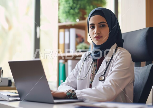النظر إلى الكاميرا بابتسامة وسرور, تقديم الخدمات العلاجية في المراكز والمستشفيات في السعودية, استخدام الأجهزة التقنية الحديثة في المجال الطبي, صورة مقربة لطبيبة عربية خليجية سعودية محجبة ترتدي المعطف الطبي الأبيض وسماعة الفحص تستخدم الحاسب المحمول