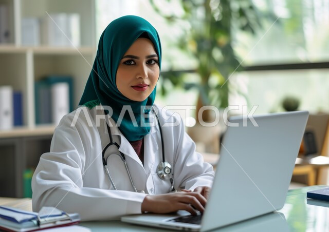 النظر إلى الكاميرا بابتسامة وسرور, تقديم الخدمات العلاجية في المراكز والمستشفيات في السعودية, استخدام الأجهزة التقنية الحديثة في المجال الطبي, صورة مقربة لطبيبة عربية خليجية سعودية محجبة ترتدي المعطف الطبي الأبيض وسماعة الفحص تستخدم الحاسب المحمول